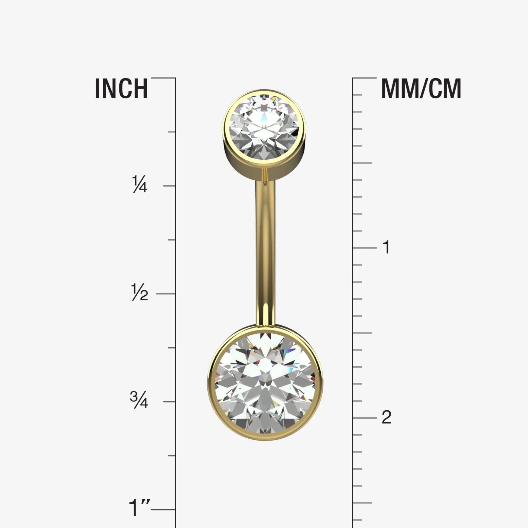 Gold belly button ring with clear gemstone on a measurement chart showing inches and millimeters.