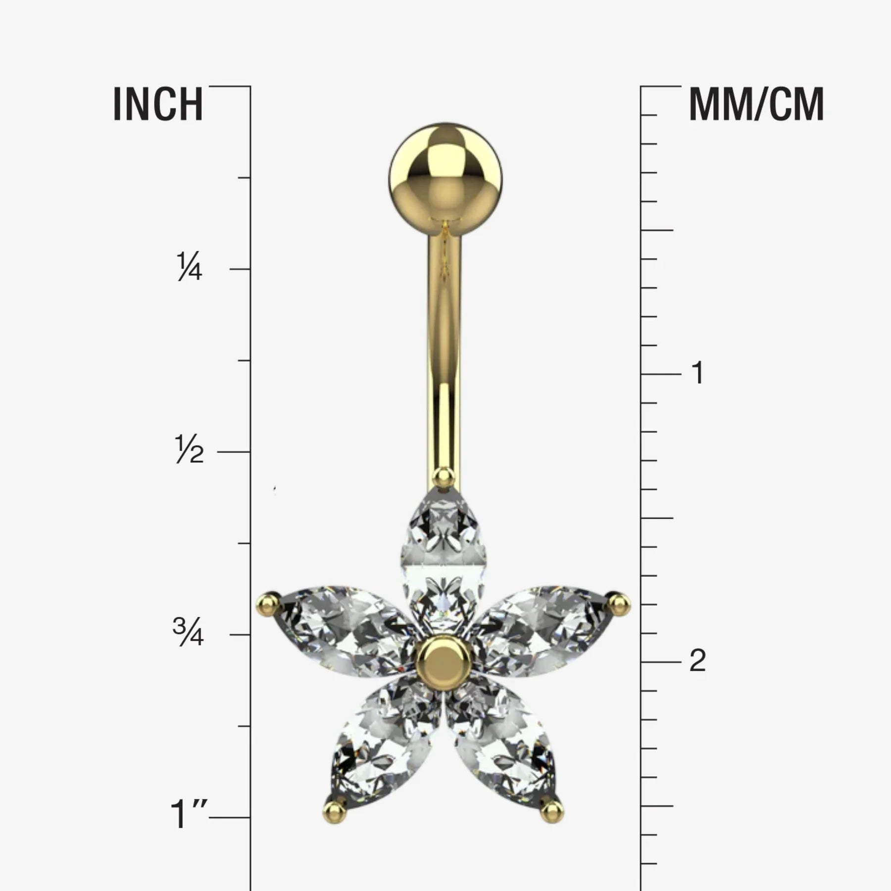 Gold belly button ring with clear gemstones on a measurement chart