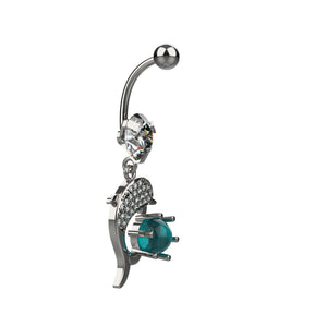 Large round clear CZ top stone above dolphin belly ring charm