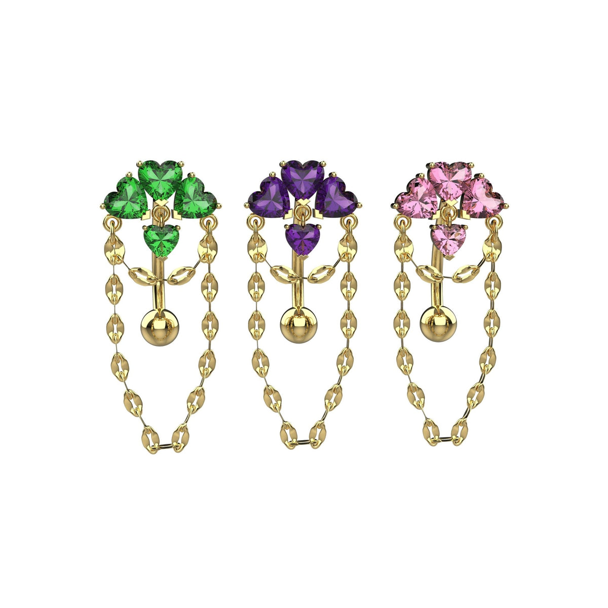 Gold tone chain connecting green CZ hearts to bottom barbell ball