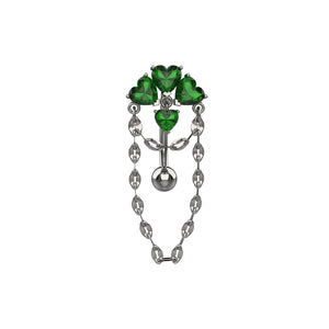 Smaller green heart CZ below top cluster on reverse navel ring