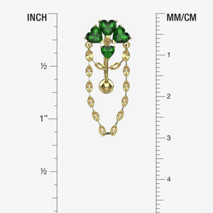 Three emerald green heart shaped CZ crystals above navel piercing