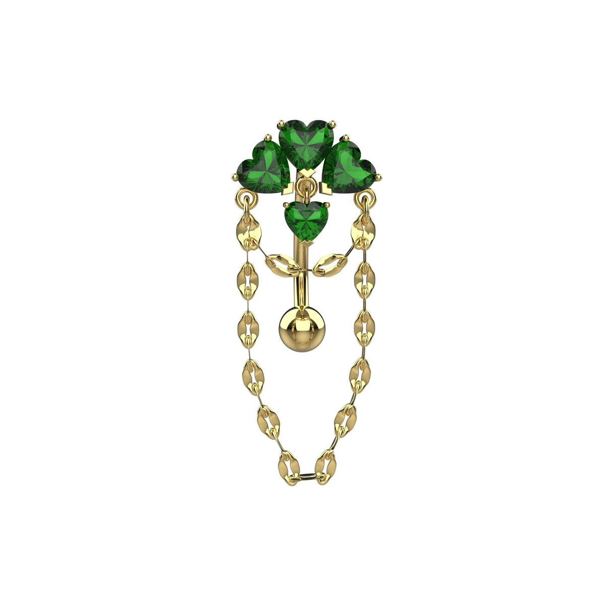 14G reverse emerald green heart CZ belly button ring with chain