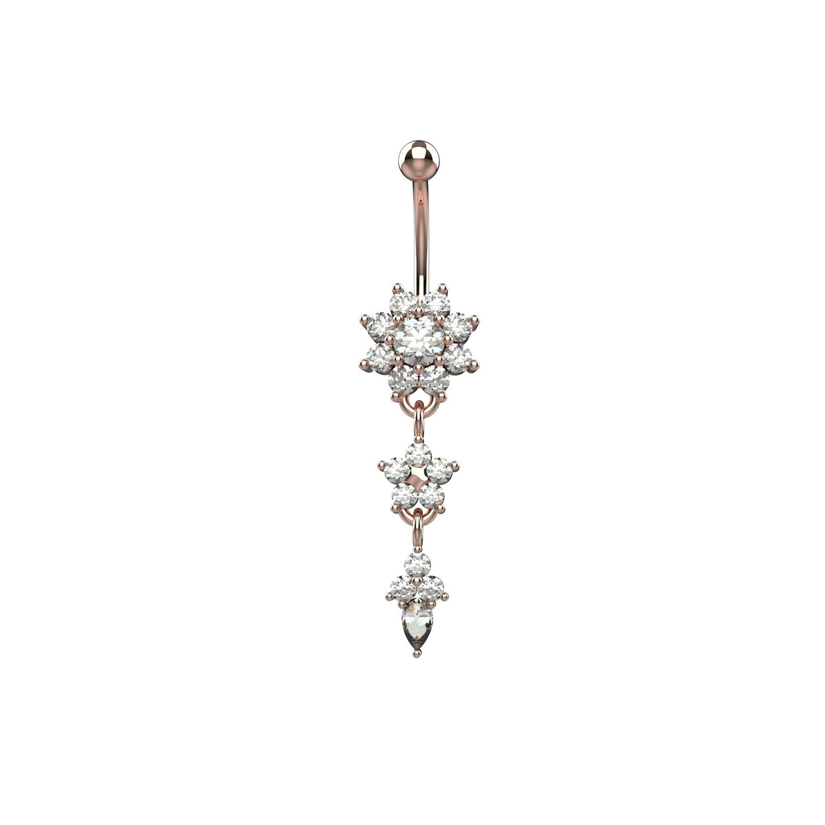Smaller middle clear CZ flower on dangling floral navel ring