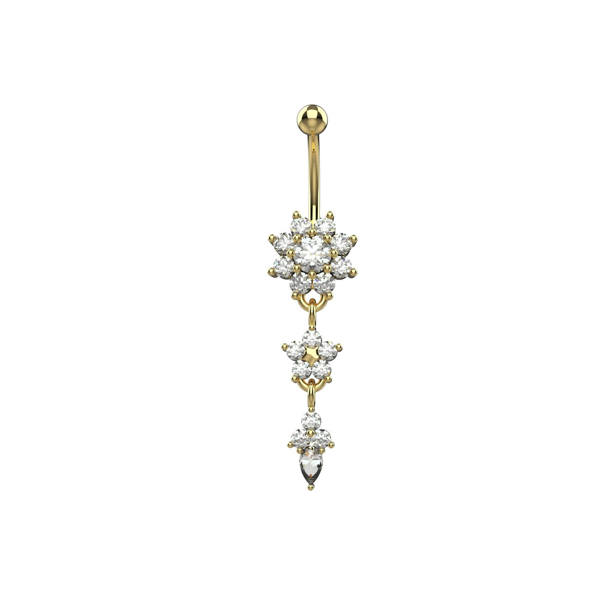 14G cascading clear CZ flower dangle navel ring with teardrop crystal