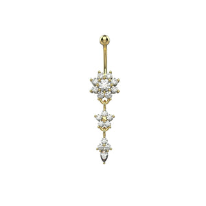 14G cascading clear CZ flower dangle navel ring with teardrop crystal