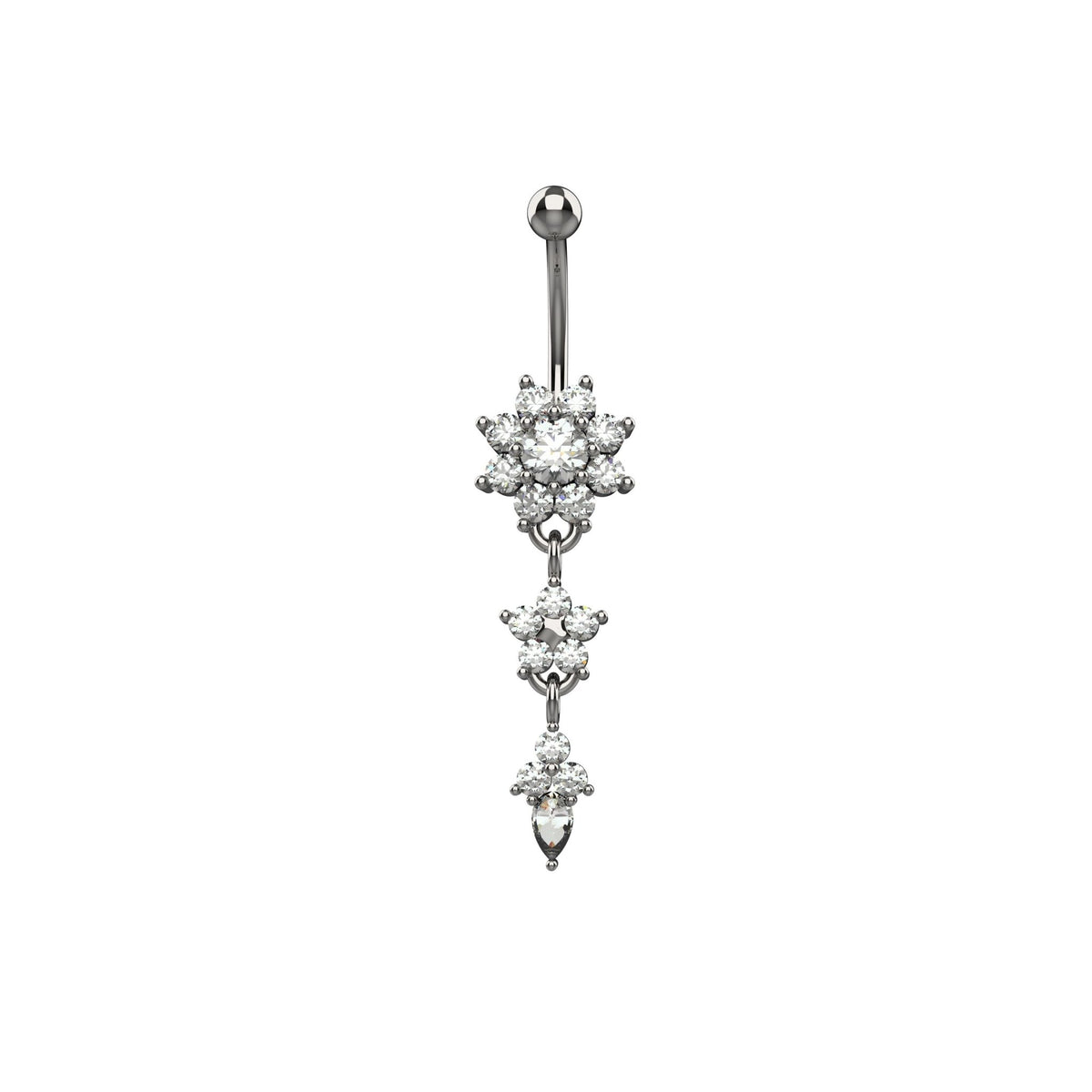 Teardrop clear CZ crystal at bottom of cascading flower dangle