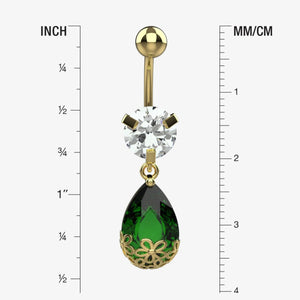 Green crystal dangle navel ring with floral filigree metal cap