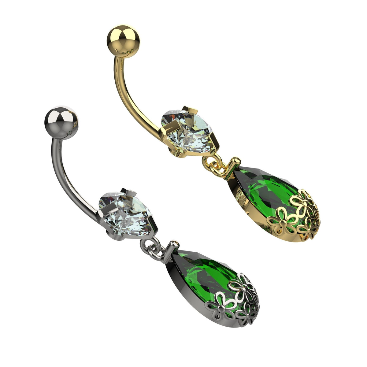 Yellow gold finish green teardrop crystal belly ring