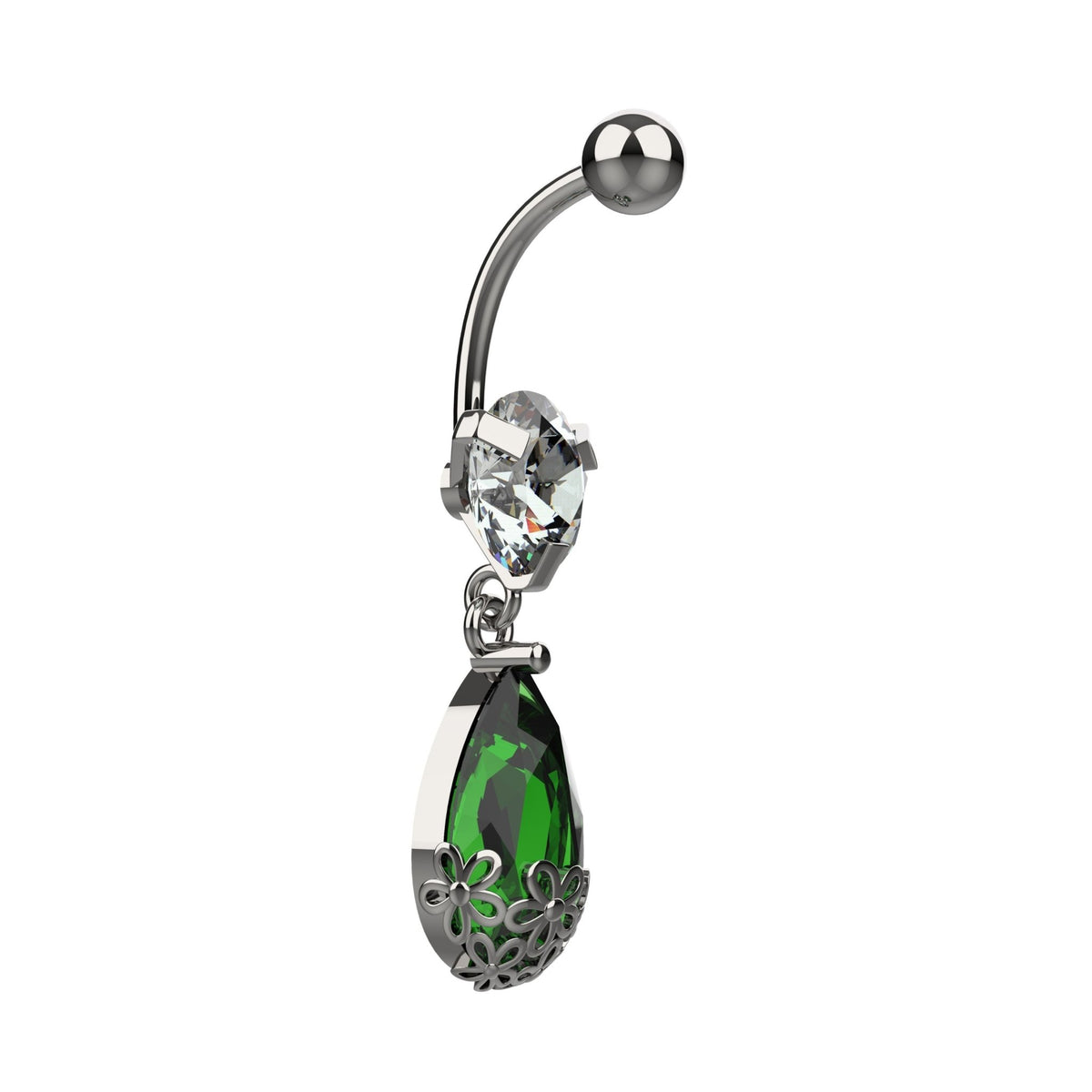 Large round clear CZ crystal above dangling green teardrop