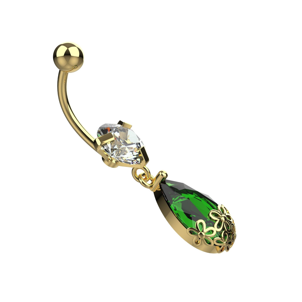 Stainless steel 14G navel ring with emerald green crystal drop