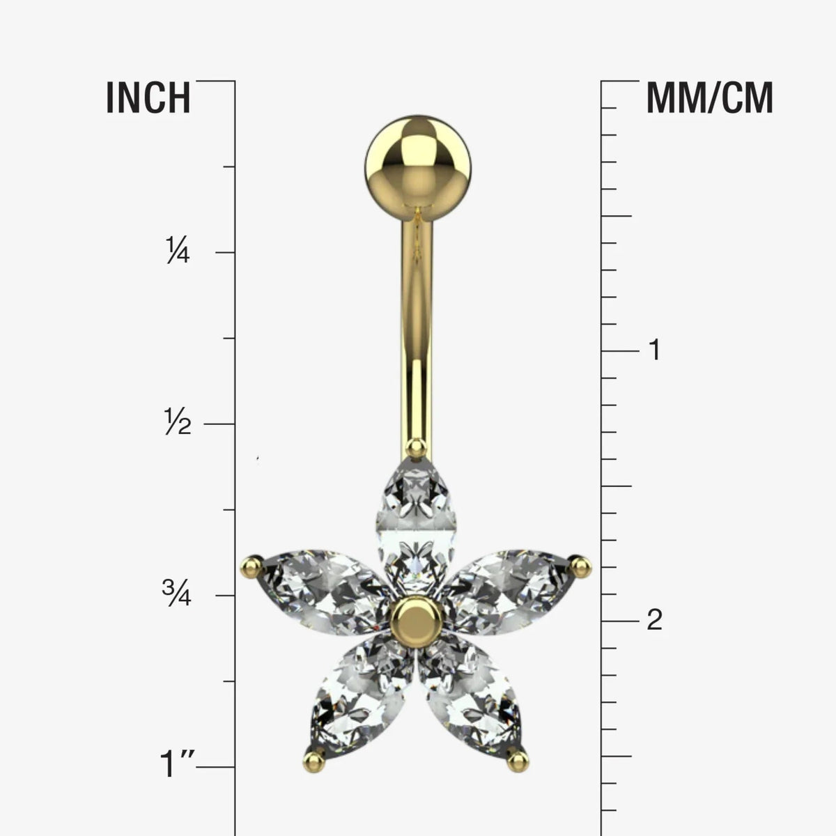Clear cubic zirconia petals around round metal centre of navel ring