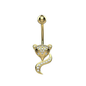 14G CZ fox dangle belly button ring with curved tail charm
