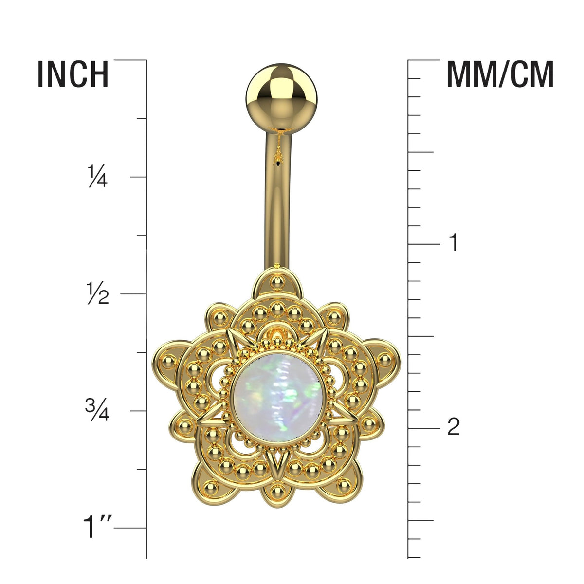 Synthetic opal flower belly ring with iridescent rainbow flashes