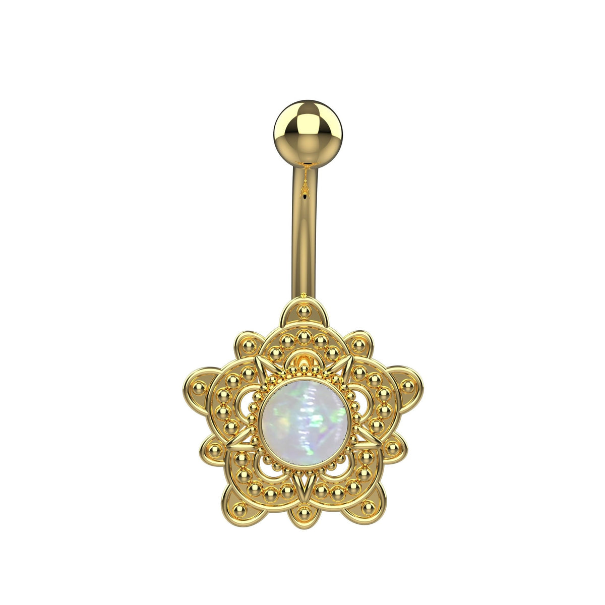 Floral mandala gold belly button ring with milky white synthetic opal