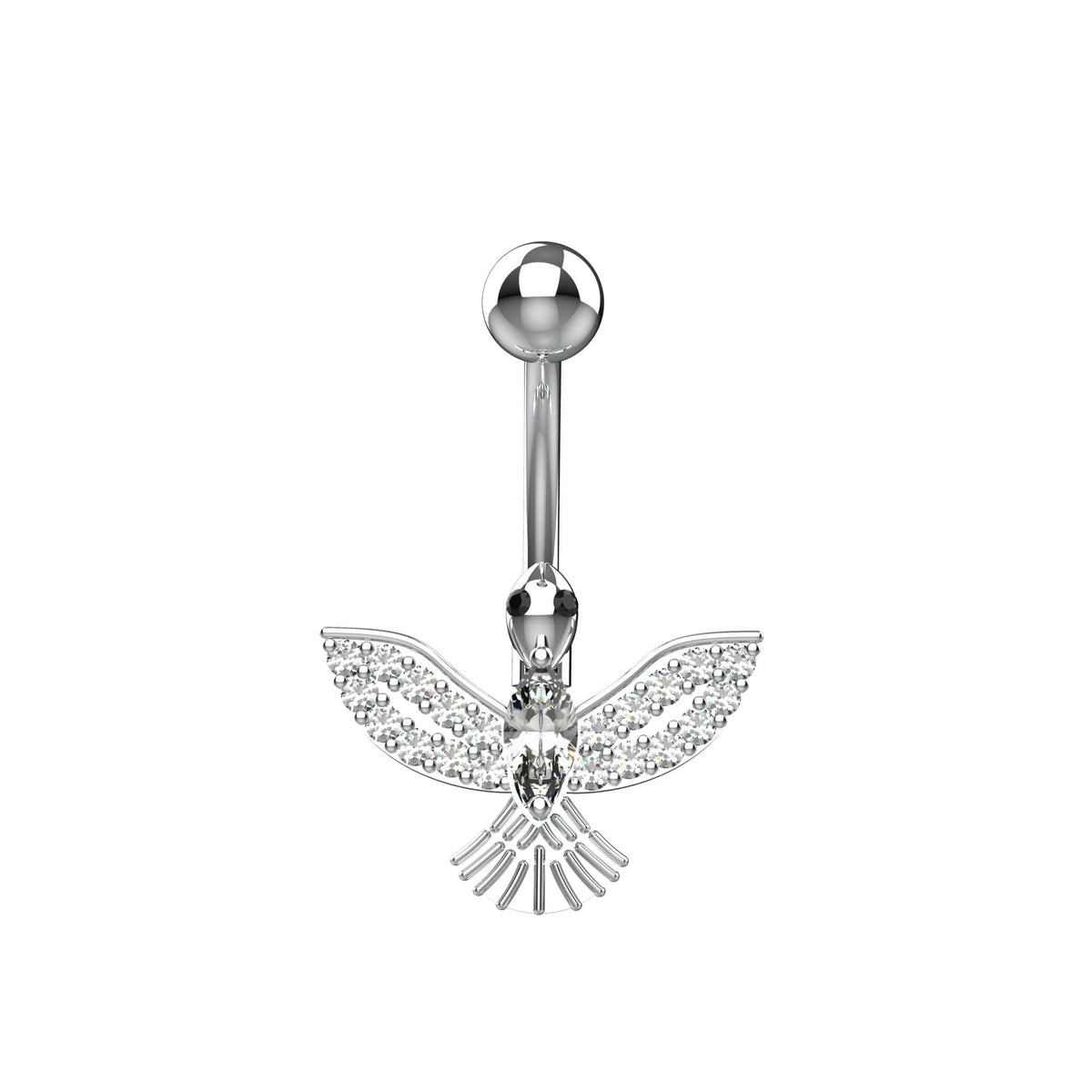 Large clear CZ crystal at centre of flying eagle belly ring