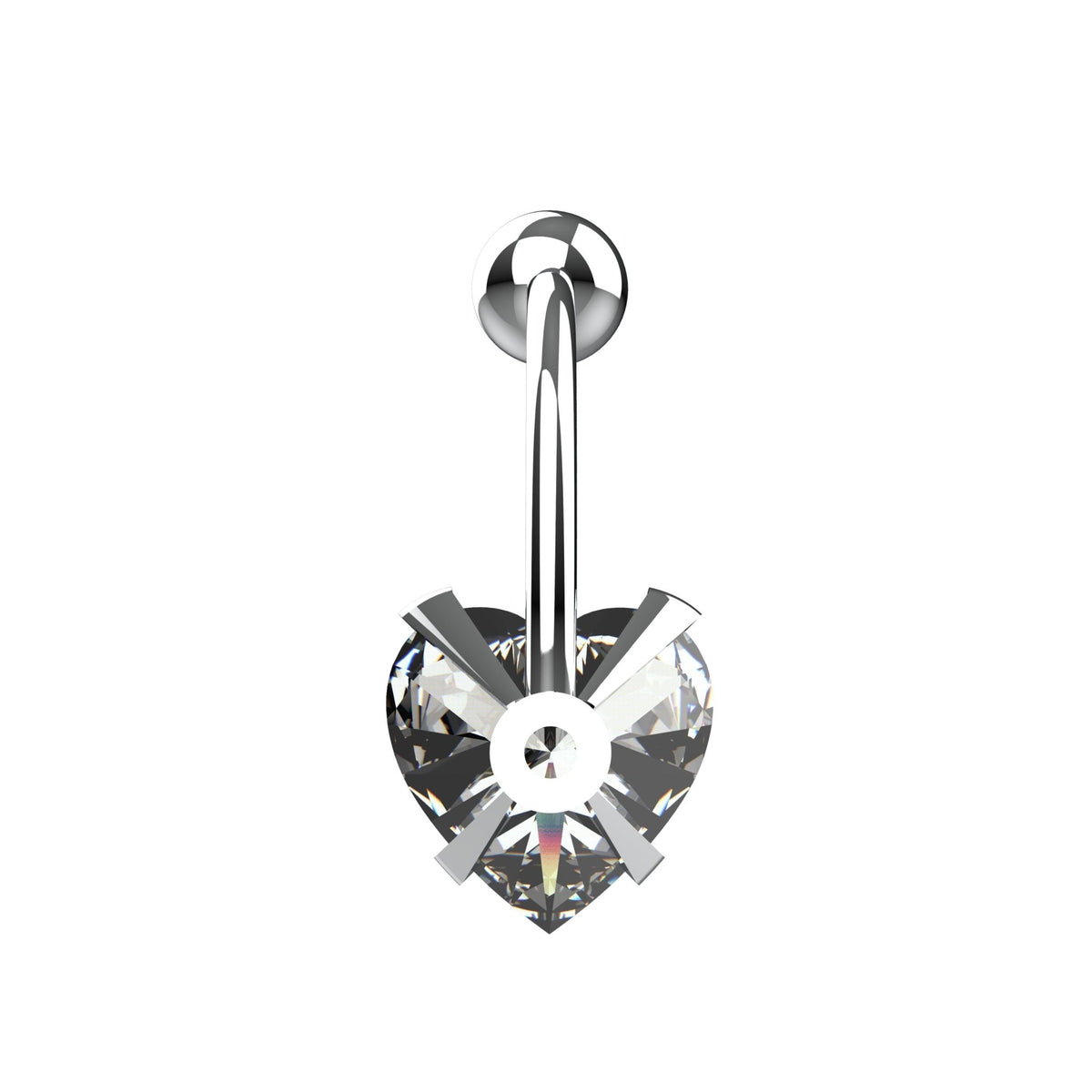 23mm heart CZ navel ring with polished metal prongs and curved bar