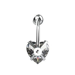 23mm heart CZ navel ring with polished metal prongs and curved bar