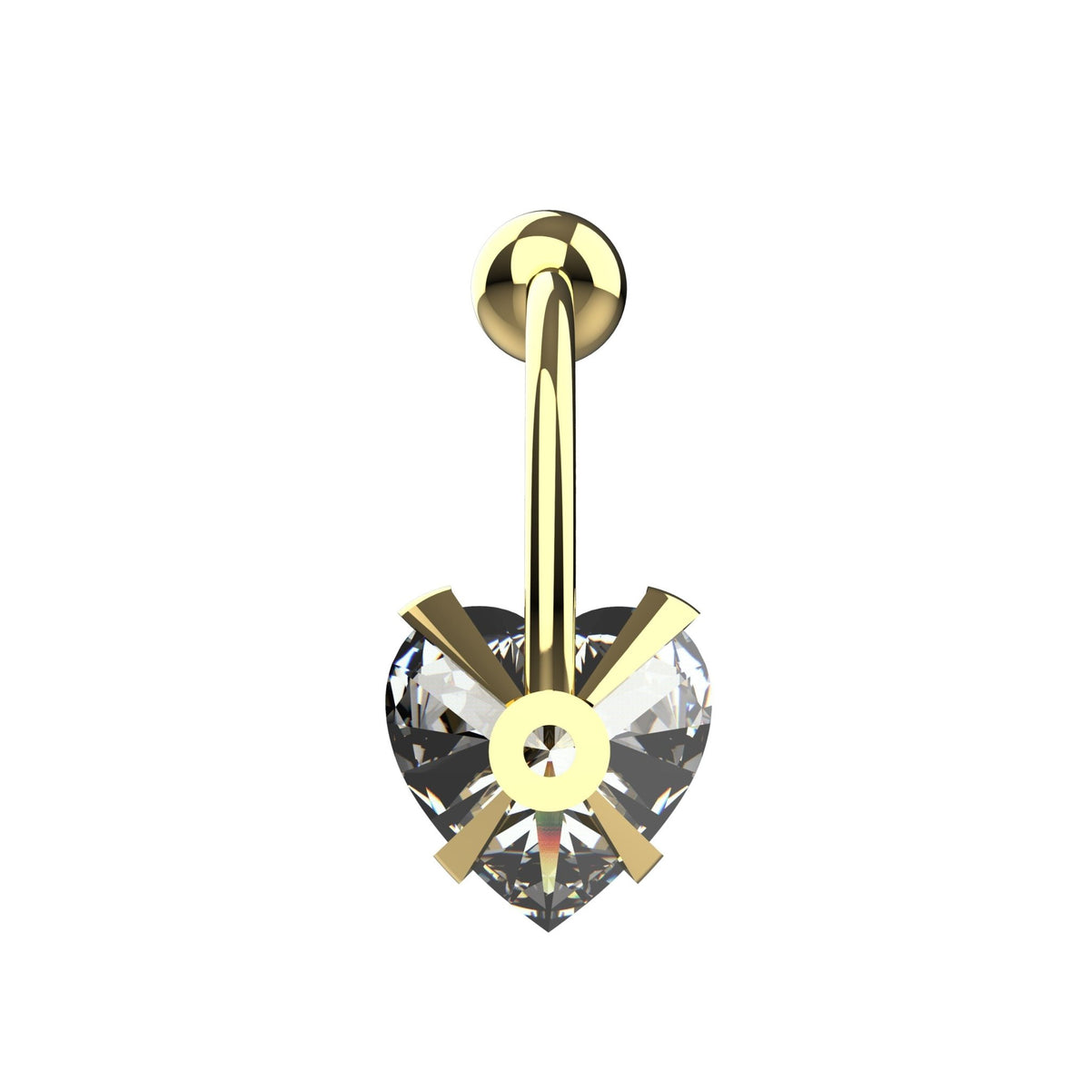 14G 10mm belly ring with four prong heart and bezel set top ball
