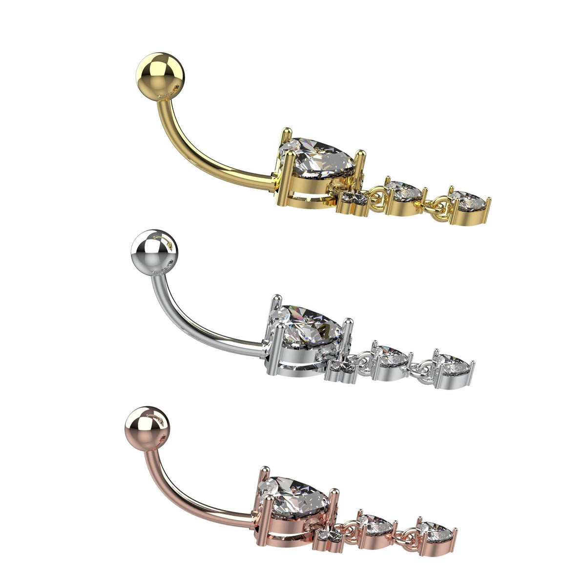 14G 10mm dangle belly button ring in heart and round CZ design