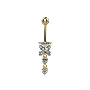 14G dangling heart clear CZ belly button ring with layered hearts