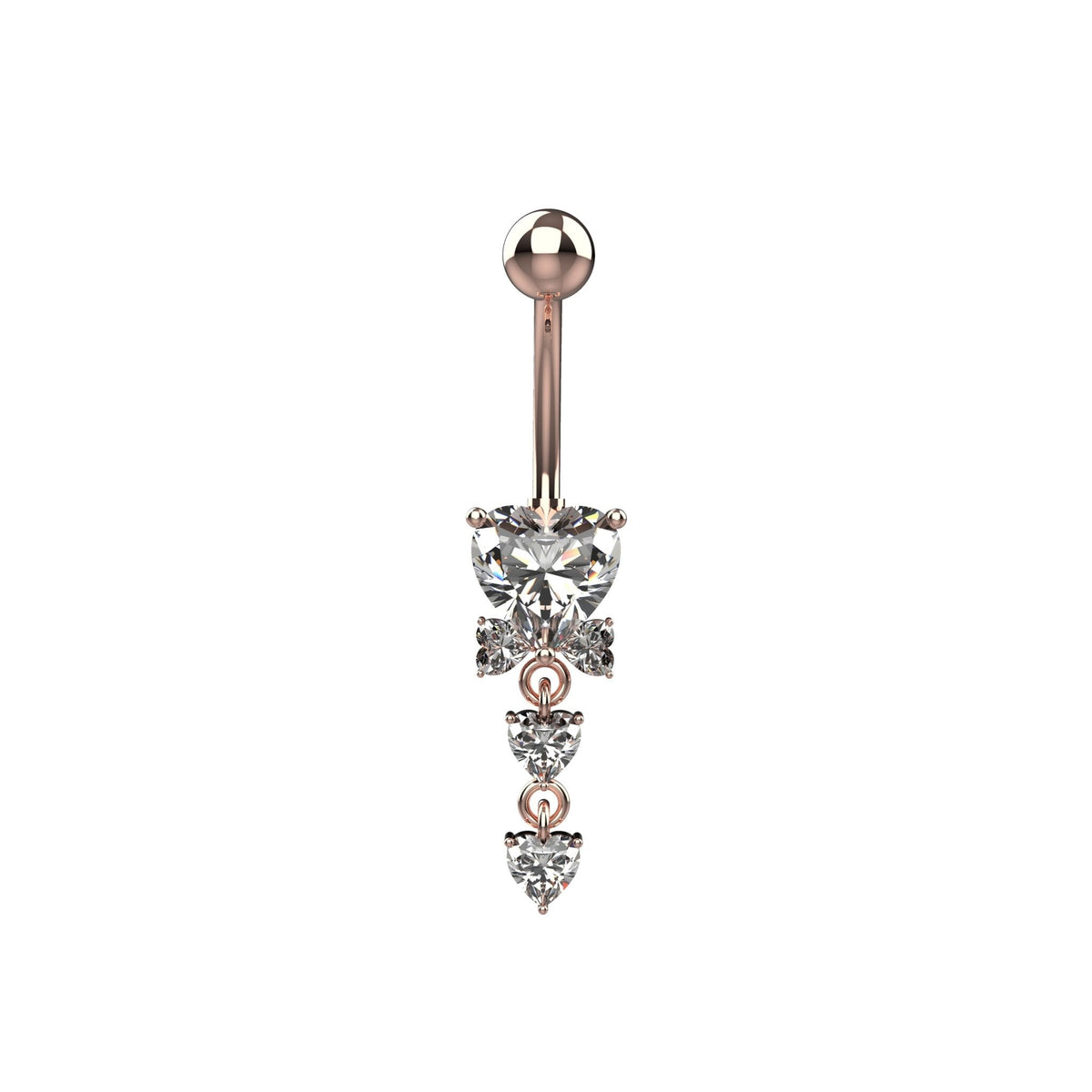 Cascading heart crystal belly ring with curved stainless steel bar