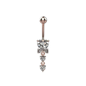 Cascading heart crystal belly ring with curved stainless steel bar