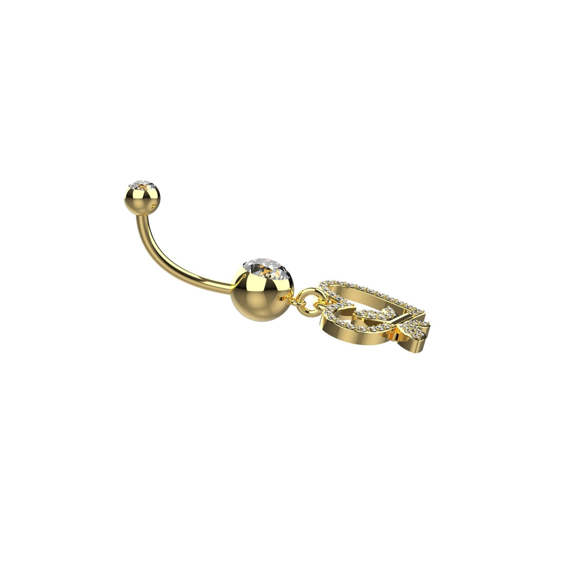 14G 10mm gold-tone crystal belly ring with dangling heart and butterfly