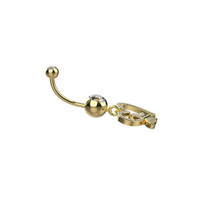 14G 10mm gold-tone crystal belly ring with dangling heart and butterfly
