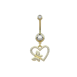 14G dangling open heart and CZ butterfly belly button ring in Yellow Gold