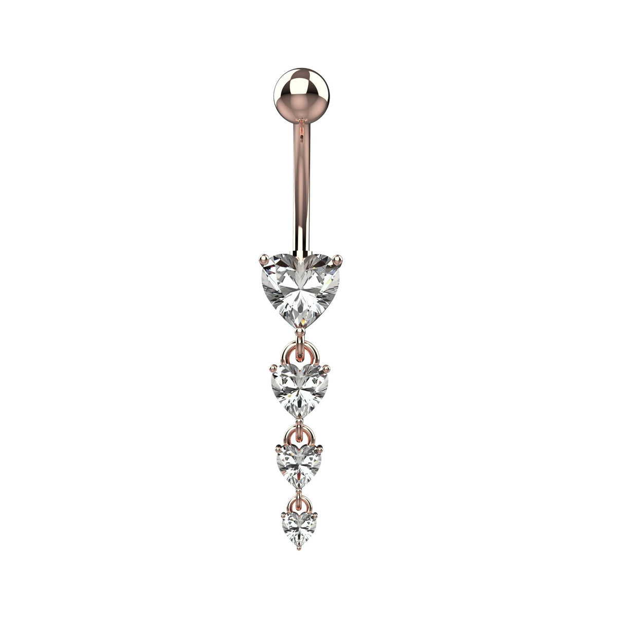 Graduated clear cubic zirconia heart cascade on navel ring