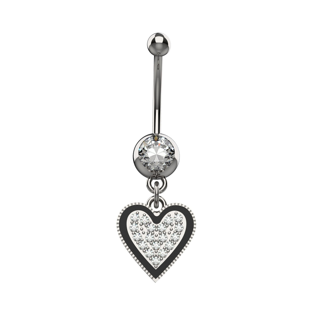 14G dangling pavé CZ open heart belly button ring in silver