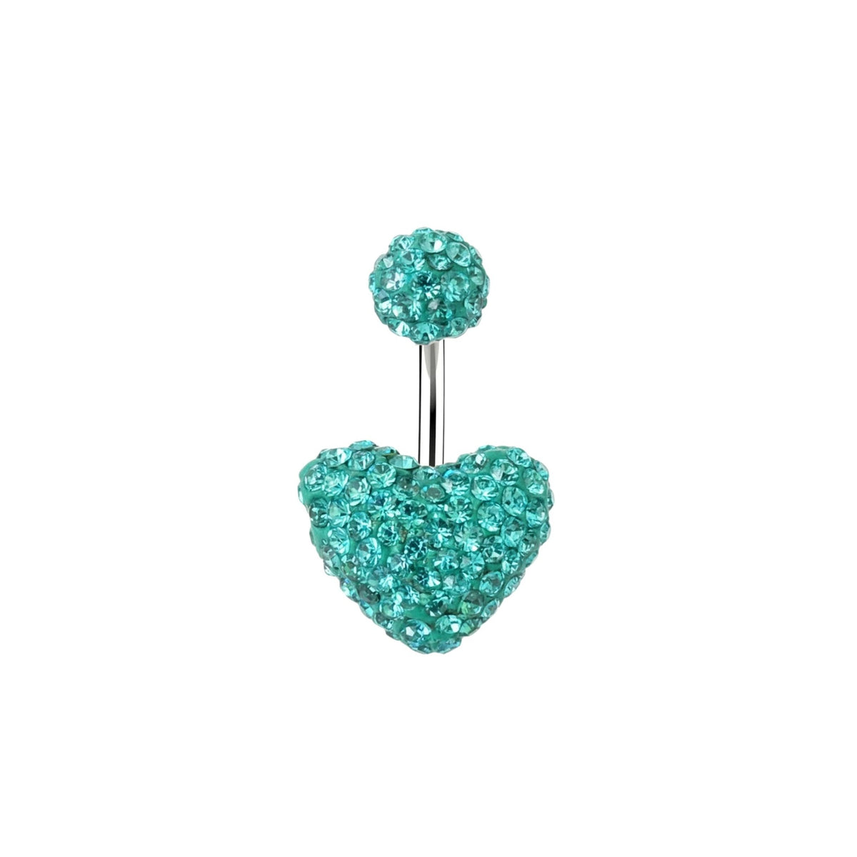 Turquoise teal crystal heart belly button ring with pave style stones