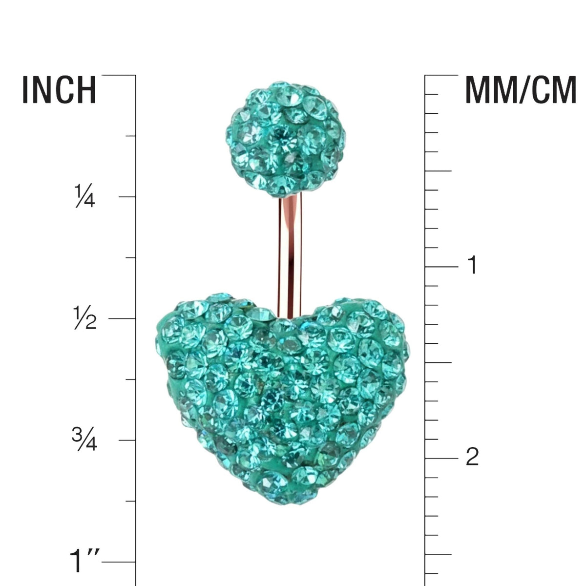 Heart belly ring covered in turquoise crystals with matching top crystal ball