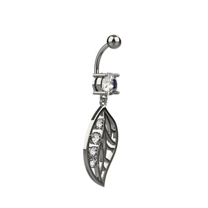 Yellow gold finish cut out leaf CZ navel ring