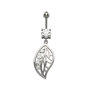 Dangling cut out leaf CZ belly ring with clear round top crystal