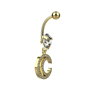 Silver finish double crescent moon crystal belly button jewellery