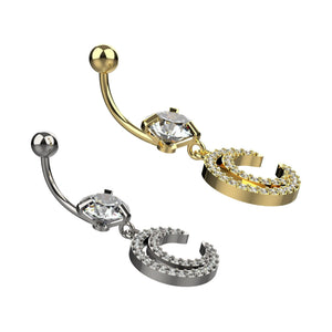 Large round clear CZ top stone above double moon dangle belly ring