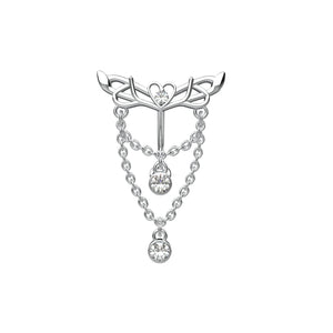 Draped metal chains joining round clear CZ crystal in centre