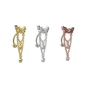 14G 10mm reverse navel ring with angel wings and crystal dangles