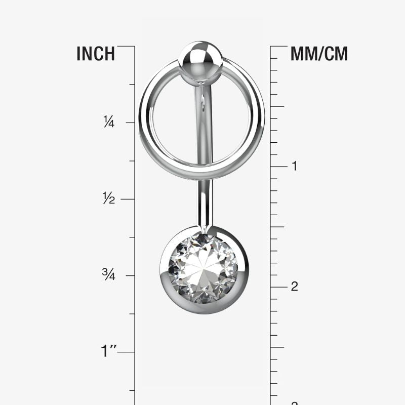 Large open metal O-ring top detail on curved navel bar