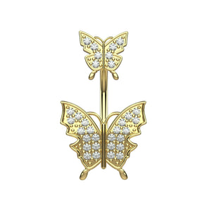 Silver finish titanium double butterfly crystal belly button ring