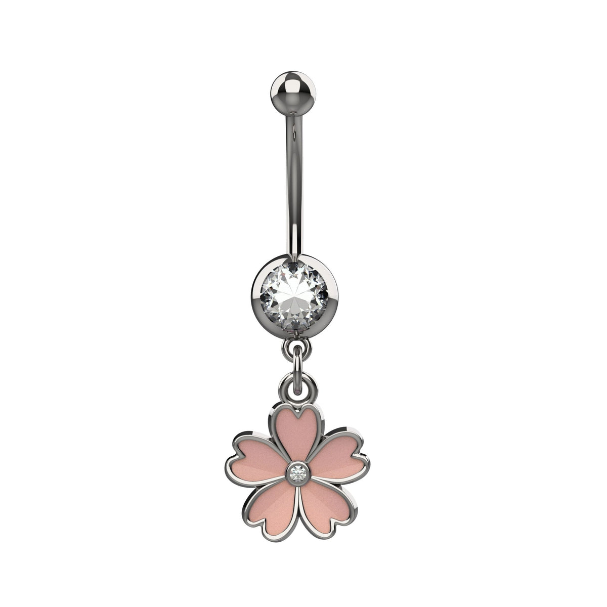 14G pink enamel flower CZ belly button ring in silver finish