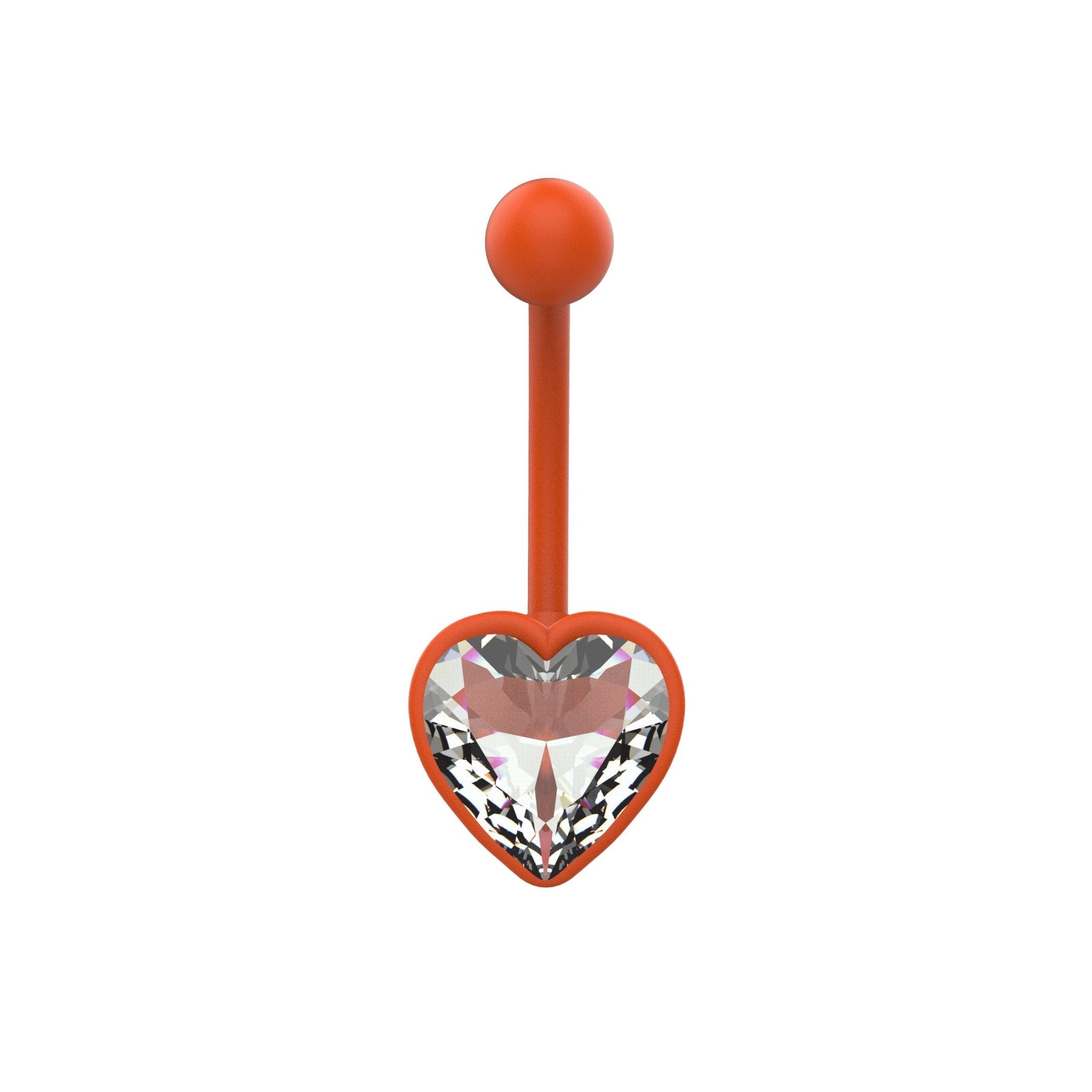 Orange heart CZ belly button ring with clear crystal heart