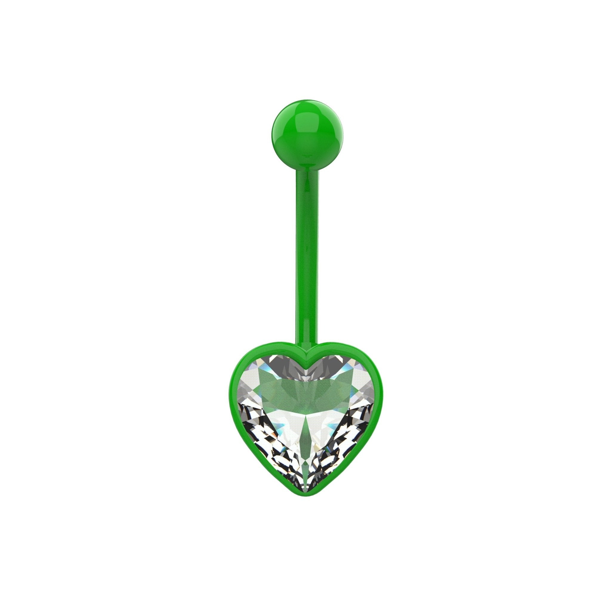 Green heart CZ belly ring with matching coloured metal bar