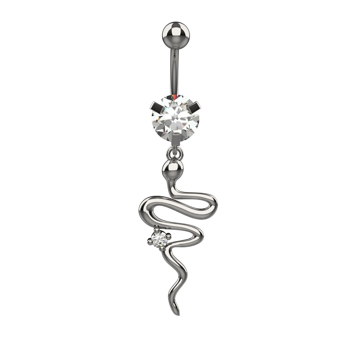 Dangling smooth metal snake belly ring with large round clear CZ top