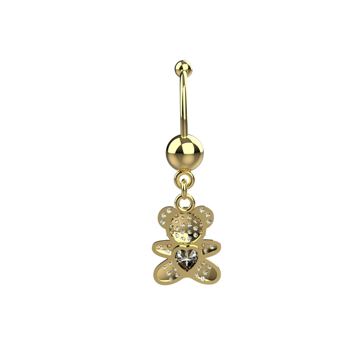 Large round clear CZ crystal above dangling teddy bear belly ring