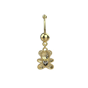 Large round clear CZ crystal above dangling teddy bear belly ring