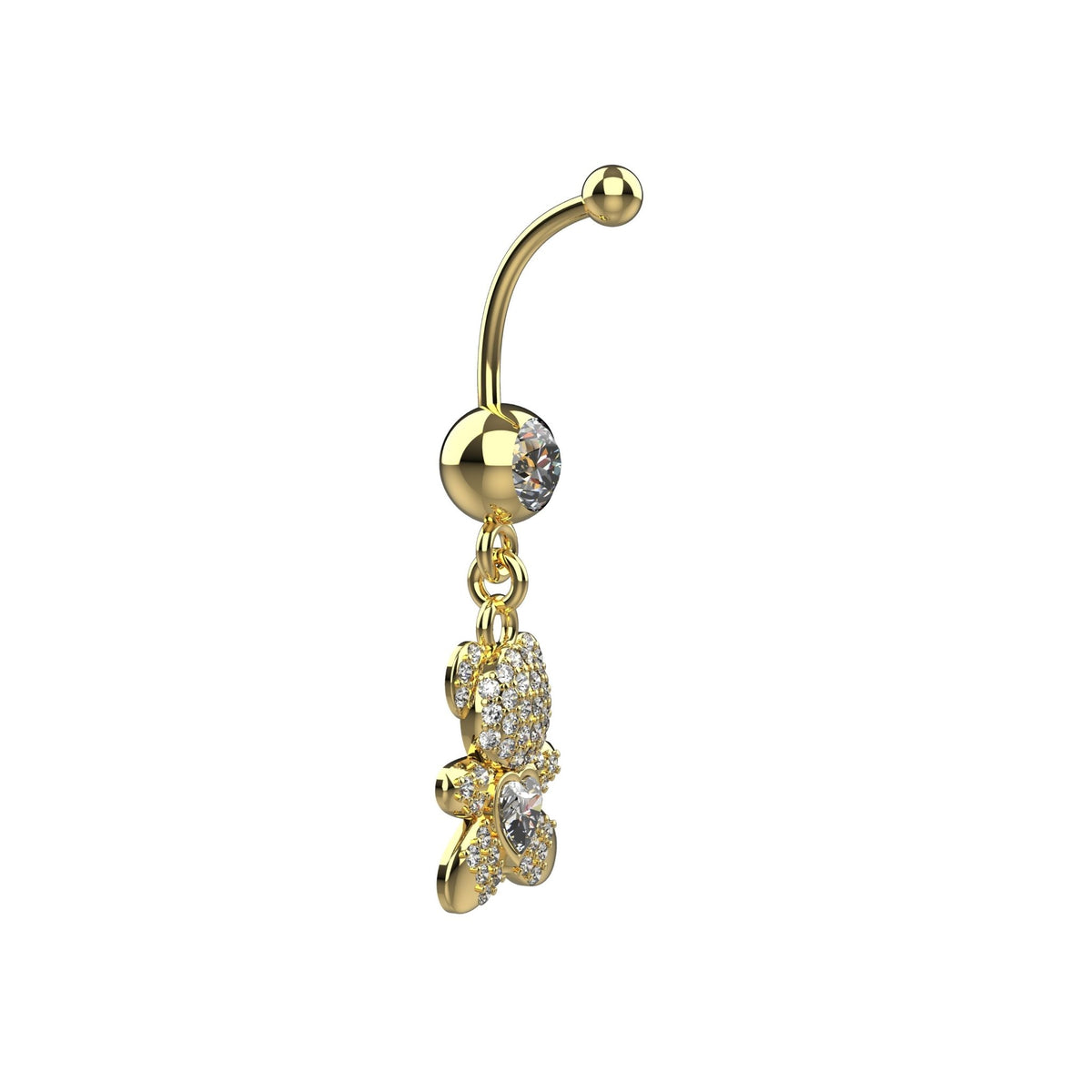 Heart shaped clear CZ crystal on belly of gold teddy bear charm