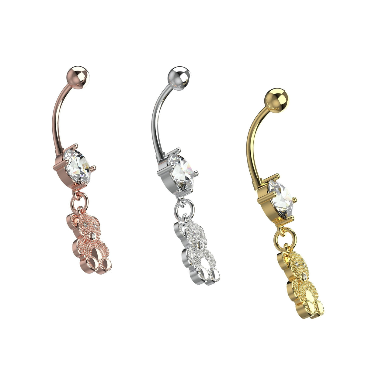 14G 10mm dangle belly button ring with textured teddy bear charm